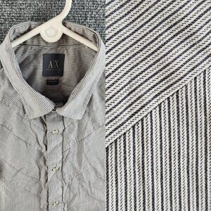 Armani Exchange Large Black White Striped Short Sleeve Pearl Snap Double Collar